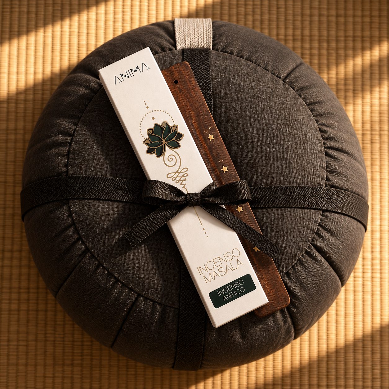 Set meditazione Zenonline con zafu artigianale, Incenso Antico e portaincenso in legno